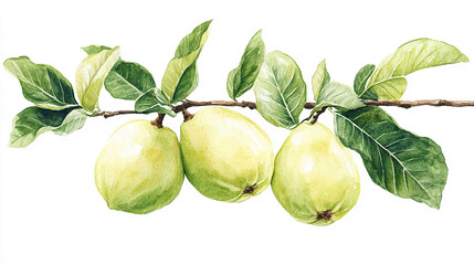Watercolor painting of guava branch. Horizontal image for a horizontal headline frame or banner.