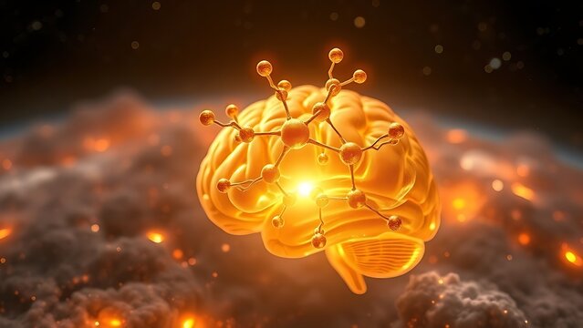 A golden molecular structure of spermidine floating above a brain-shaped nebula, glowing with energy.