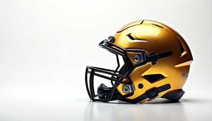 Fototapeta premium Golden American football helmet with black facemask, visor. Protective headgear for player safety. Durable sports equipment for game competition, training. Pro sports gear, championship contender.
