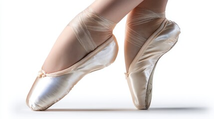 Close-up of ballet dancer's feet in pointe shoes, against a white background.