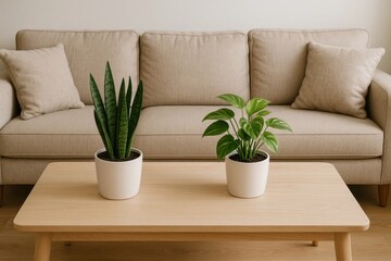 A serene living room setting with a beige sofa adorned by two potted plants, creating a harmonious blend of nature and comfort