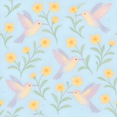 Delicate seamless pattern of pastel watercolor hummingbirds flying among yellow buttercup flowers.