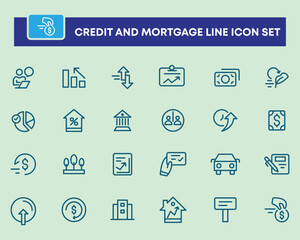Credit and mortgage new vector line style icons set. mortgage loan, selling, interest rate, giving, borrowing, finance, illustration, contract, business and investment and more. Vector illustration.