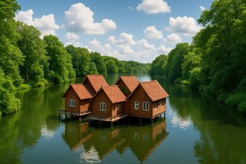 Obraz premium A serene scene of wooden houseboats nestled among lush greenery