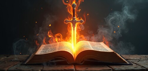 Open Bible displays glowing pages with flaming sword piercing upwards. Sword emits intense light, fire, surrounded by smoke, embers against dark, dramatic background. Powerful religious imagery