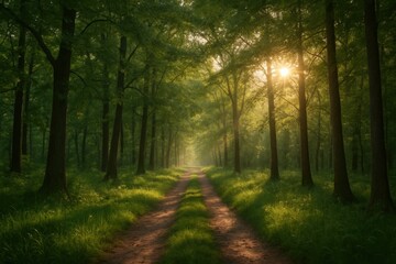 Fototapeta premium A Serene Forest Pathway Illuminated by Nature's Radiant Light