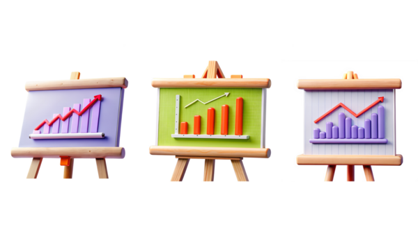 Set of colorful 3d arrow graphs showing upward trend and growth isolated on a transparent background. Colorful business graphs with an arrow.
