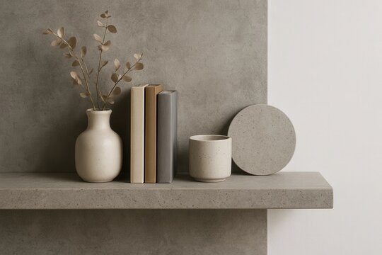 A minimalist vase with dried branches, a pair of books, and a simple white plate rest on a concrete shelf against a textured wall backdrop - Powered by Adobe