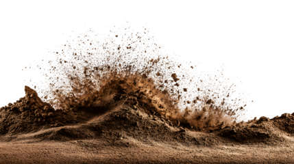 Brown fertile humus soil burst effect on a white background