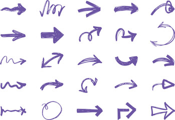 Collection of Hand Drawn Purple Arrows Indicating Direction and Movement in Various Styles and Orientations