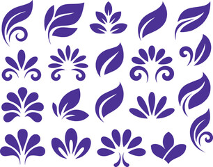 Assorted Floral and Foliage Elements Featuring Curled and Pointed Details in a Decorative Arrangement of Plant Shapes