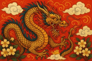 Fototapeta premium A vibrant dragon soars across a fiery red backdrop, surrounded by delicate white clouds and blooming yellow flowers