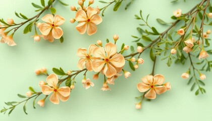 Light mint green wallpaper with tiny peach flowers and intricate green leaves, mint green wallpaper,  pastel
