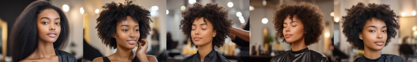 Fototapeta premium African American woman posing in front of a mirror at a hair salon | Bundle of 5 images