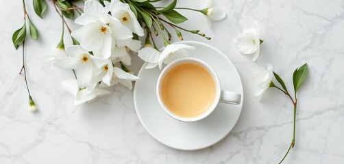 White teacup, white flowers, marble table Minimalist flat lay  ,  elegant,  flowers