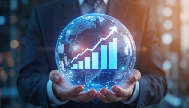 Businessperson holding digital transparent globe with rising bar chart and arrow symbol, soft blue glow, digital technology environment with grid