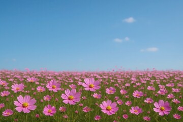 A vibrant field of pink cosmos flowers under a clear blue sky, symbolizing tranquility and beauty