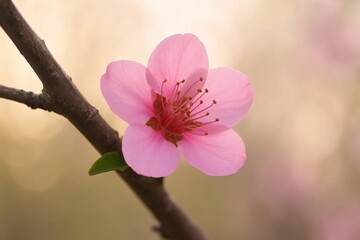 Fototapeta premium A solitary pink blossom graces a bare branch, its delicate petals unfurling in a soft embrace of nature's gentle artistry