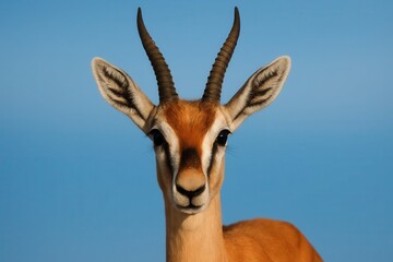 Gazing into the azure expanse, this majestic gazelle stands as a testament to nature's beauty