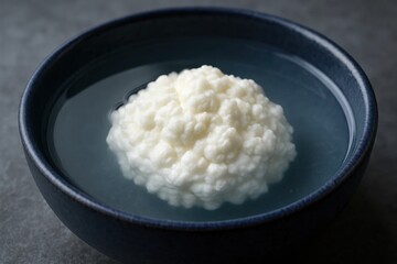 a perfectly formed ball of cheese, rich in texture and flavor, rests gently on the surface of tranquil water