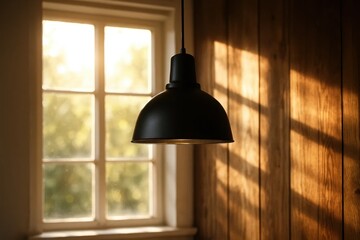 Obraz premium Sunlight streams through a window, casting a warm glow on a black pendant light hanging from a wooden wall