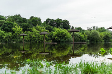Fototapeta premium A row of wooden sunshades, half underwater, reflects across the still river surface in a serene summer landscape.