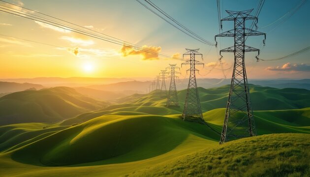 Electricity pylons, power lines cross rolling green hills during stunning sunset. High voltage transmission towers align across rural landscape, showcasing energy infrastructure against vibrant sky.