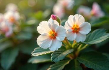 Obraz premium White, pink begonia flowers bloom with vibrant yellow centers. Delicate petals unfurl on green stems, catching sunlight. Perfect for spring gardens, gifts, floral decorations. Plants offer natural
