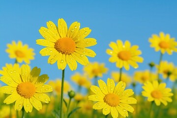 Obraz premium A vibrant field of sunflowers basks in the radiant blue sky, their bright yellow petals glistening with dew drops, symbolizing a day filled with warmth and joy