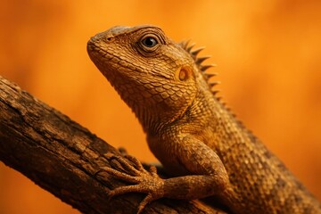 Obraz premium A serene reptile gazes upwards, its scales shimmering in the warm hues of an orange backdrop