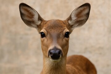 Fototapeta premium A young deer gazes directly into the camera, its eyes reflecting a sense of wonder and curiosity