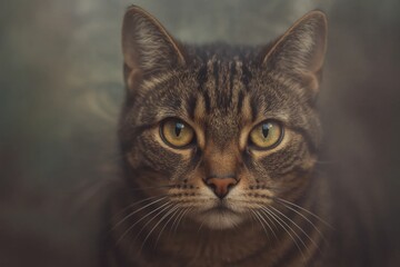 Obraz premium A tabby cat gazes intently into the camera lens
