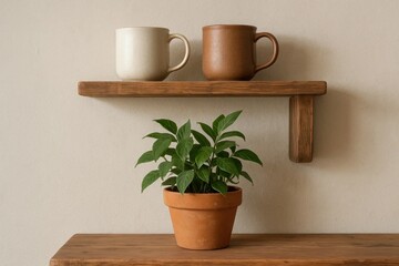 Fototapeta premium Two mugs rest on a wooden shelf, flanked by a potted plant, evoking a sense of warmth and homeliness