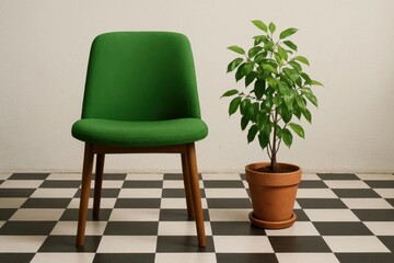 Fototapeta premium A vibrant green armchair stands beside a terracotta potted plant, set against a monochrome checkered floor, symbolizing the blend of nature and contemporary style