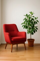 A vibrant red armchair invites relaxation in a serene corner of a room, where a potted green plant adds a touch of nature and freshness