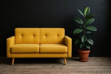Fototapeta premium A vibrant yellow sofa stands out against a dark wall, accompanied by a lush green plant in an orange pot, creating a cozy and inviting living space