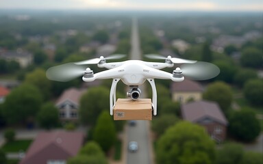 White Drone Carrying Package Flying Over Green Suburban Landscape. High quality