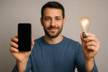 A Man Shines Light on Ideas with His Smartphone and Bulb