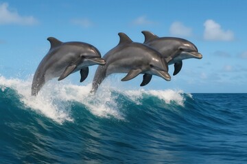 Fototapeta premium A Pod of Dolphins Dances on the Ocean's Canvas