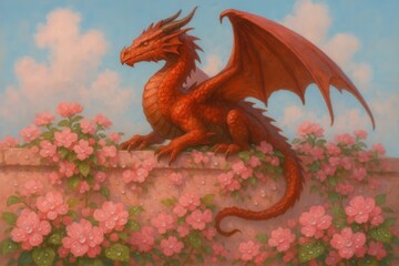 A serene red dragon rests atop a bed of vibrant pink flowers under a clear blue sky