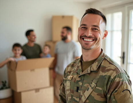 Proud military soldier smiles at camera in camouflage uniform family helps with moving day. Boxes stacked around room, indicating new homeowner starting fresh. Man shows determination, gratitude, - Powered by Adobe