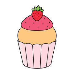 A fluffy strawberry cupcake topped with creamy pink frosting and fresh strawberry slices, offering a sweet burst of fruity flavor in every delightful bite.
