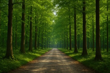 Obraz premium A serene pathway through a lush forest, bathed in the soft glow of dappled sunlight