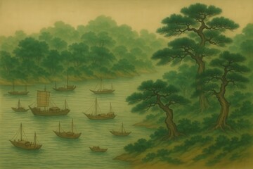 A Serene Japanese Landscape with Ancient Boats