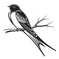 Obraz premium Swallow Perched on Branch: A detailed monochrome illustration portrays a graceful swallow bird perched delicately upon a slender branch.
