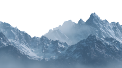 Foggy mountain range in panoramic view on a white background