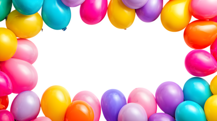 Frame of colorful helium balloons on a white background