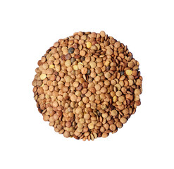 Circular pile of dry lentils arranged neatly, isolated on white background. Represents staple food security, plant based protein, and minimal cooking ingredients for healthy sustainable diets.
