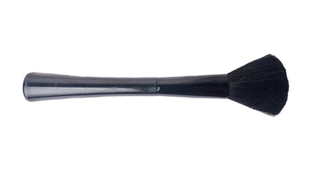 Single black makeup brush with soft bristles, isolated on white background. Symbolizes precision application, professional tools, and hygienic beauty routines in a simple studio composition.
