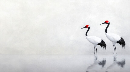 Obraz premium Elegant Red-Crowned Cranes Standing Gracefully in Tranquil Reflection on Soft Gray Background with Smooth Water Surface and Minimalist Aesthetic
